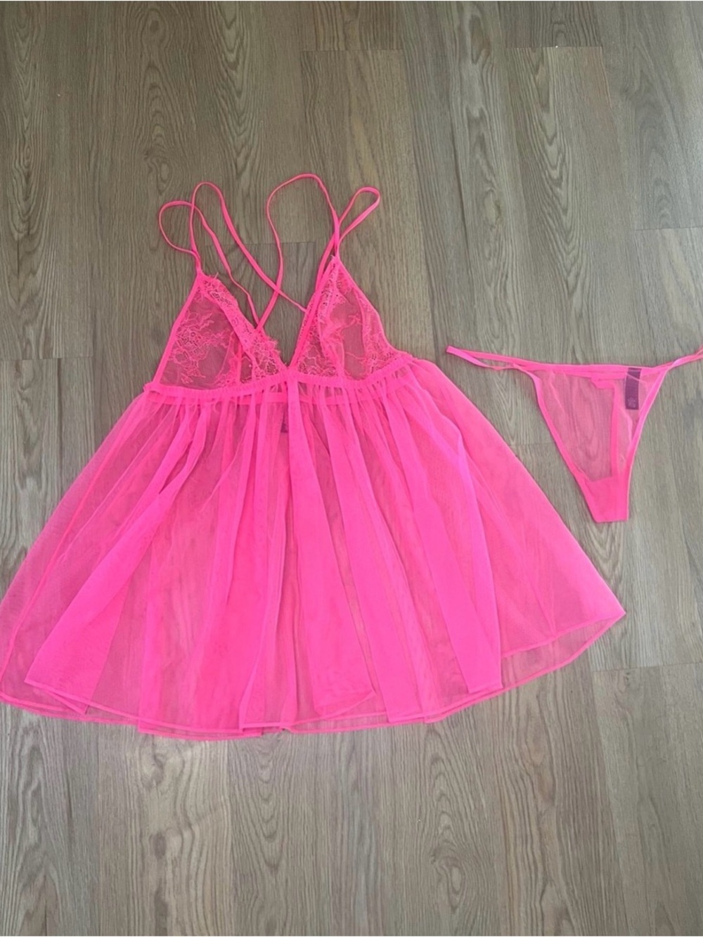 Victoria's Secret Neon Pink Sheer Lace Babydoll Chemise with Thong